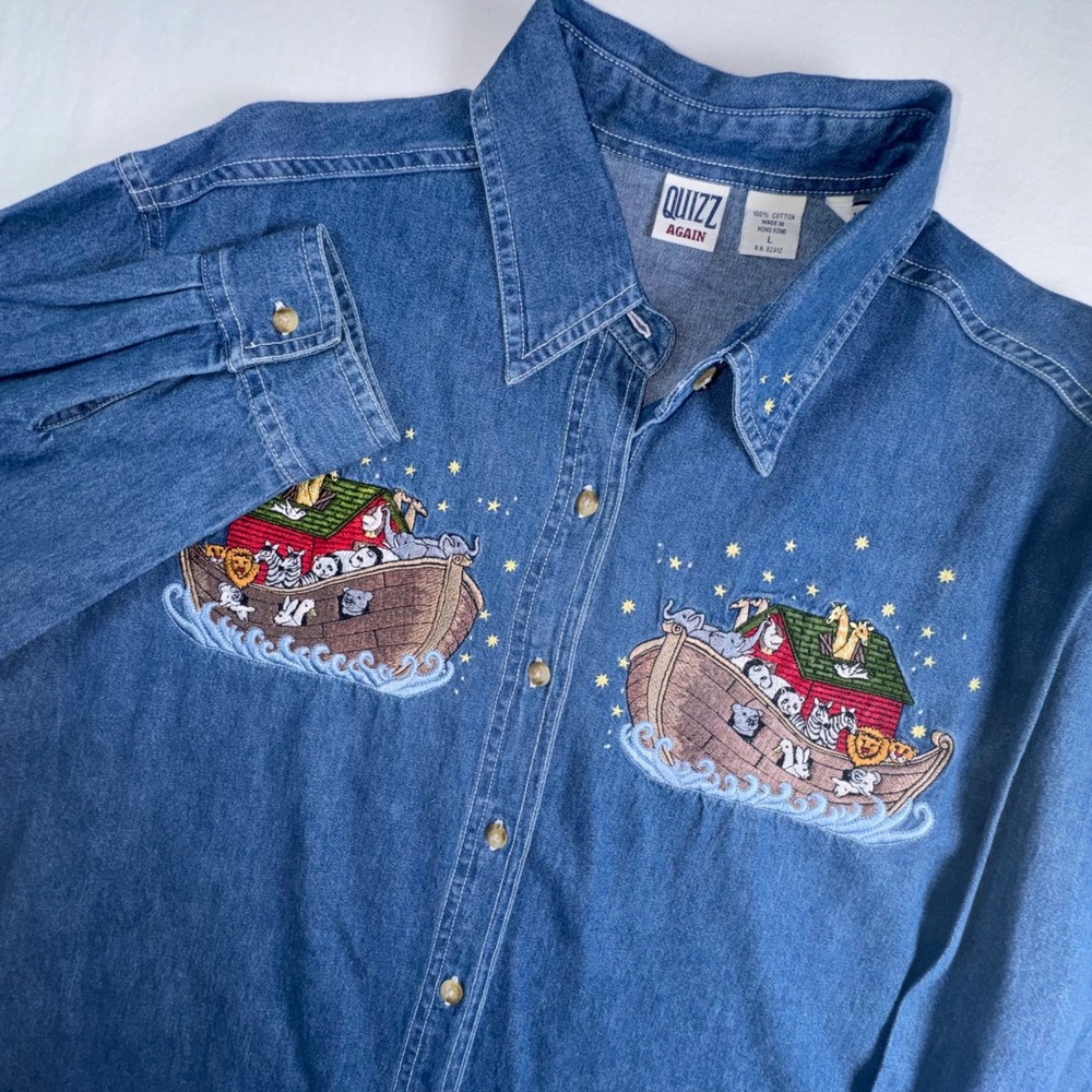 Quizz Again Denim Shirt Womens Large Blue Noahs Ark Embroidered Novelty Vintage